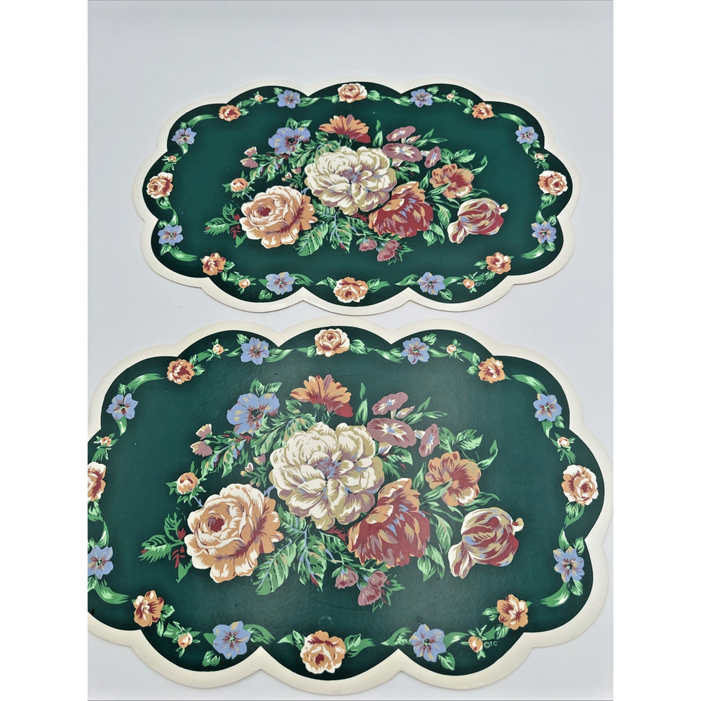 4 Vintage Town & Country Vinyl Foam Backed Placemat Floral Green, Roses